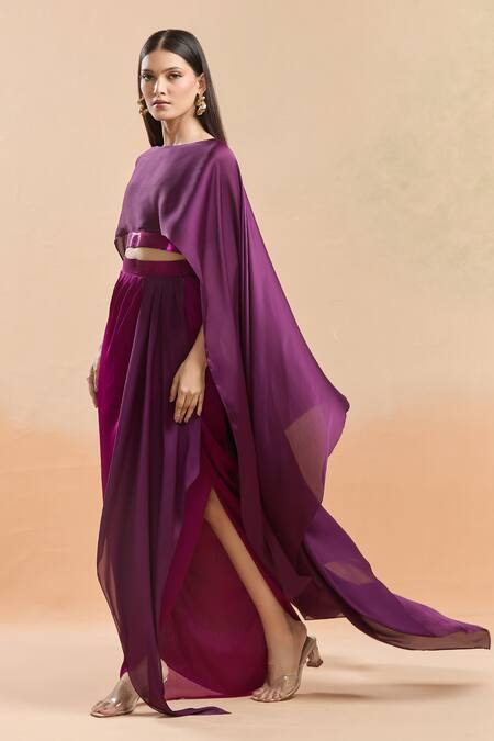 Buy_Amit Aggarwal_Fuchsia Chiffon Metallic Thread Embellished Cape Top And Draped Skirt Set _Online_at_Aza_Fashions