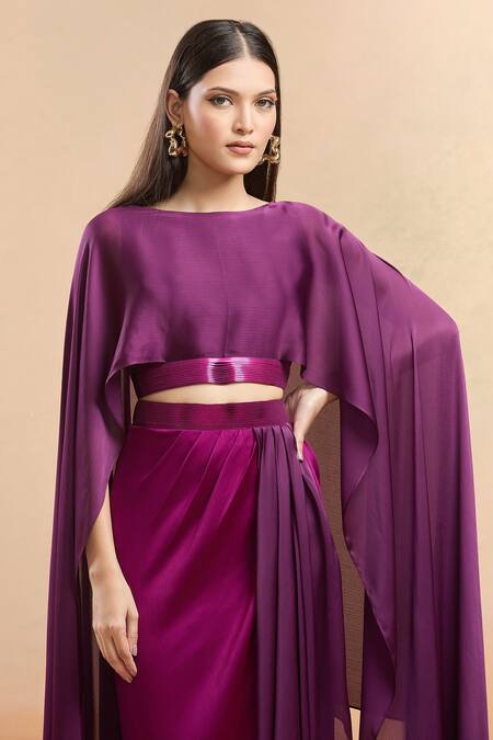 Shop_Amit Aggarwal_Fuchsia Chiffon Metallic Thread Embellished Cape Top And Draped Skirt Set _Online_at_Aza_Fashions