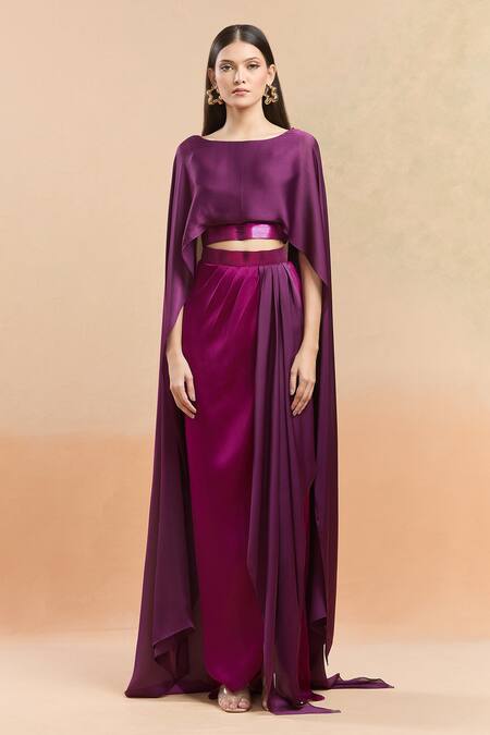 Buy_Amit Aggarwal_Fuchsia Chiffon Metallic Thread Embellished Cape Top And Draped Skirt Set 