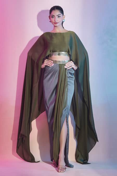 Amit Aggarwal Cape Top & Color Block Draped Skirt Set 