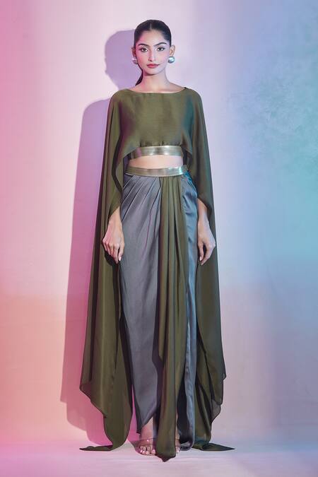 Amit Aggarwal_Green Satin Metallic Thread Cape Top And Draped Skirt Set _Online_at_Aza_Fashions
