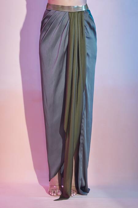Buy_Amit Aggarwal_Green Satin Metallic Thread Cape Top And Draped Skirt Set _Online_at_Aza_Fashions