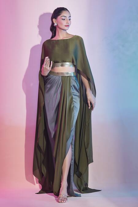 Shop_Amit Aggarwal_Green Satin Metallic Thread Cape Top And Draped Skirt Set _Online_at_Aza_Fashions