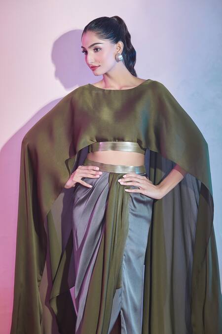 Amit Aggarwal_Green Satin Metallic Thread Cape Top And Draped Skirt Set _at_Aza_Fashions