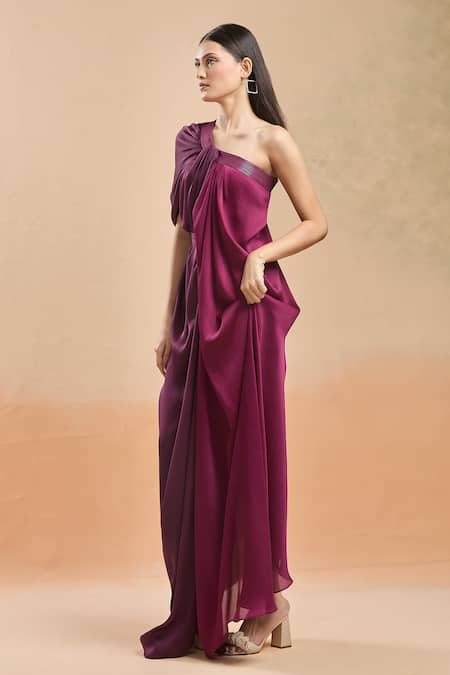 Buy Amit Aggarwal Fuchsia One Shoulder Asymmetric Draped Dress Online at Aza Fashions Buy_Amit Aggarwal_Fuchsia One Shoulder Asymmetric Draped Dress _Online_at_Aza_Fashions
