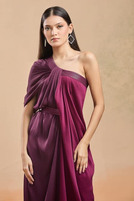 Shop Amit Aggarwal Fuchsia One Shoulder Asymmetric Draped Dress Online at Aza Fashions Shop_Amit Aggarwal_Fuchsia One Shoulder Asymmetric Draped Dress _Online_at_Aza_Fashions