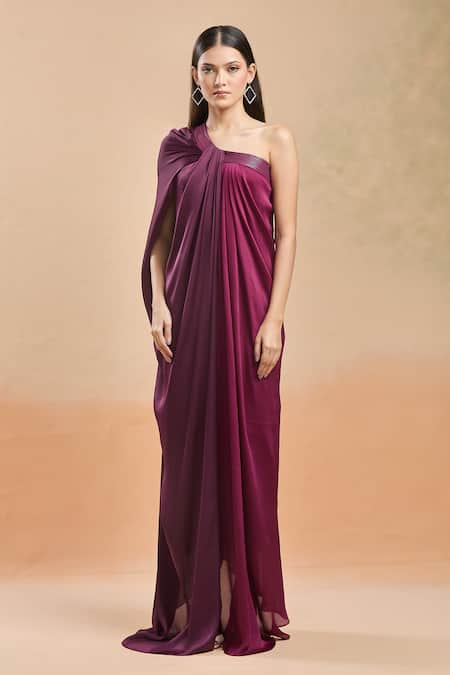 Amit Aggarwal Fuchsia One Shoulder Asymmetric Draped Dress at Aza Fashions Amit Aggarwal_Fuchsia One Shoulder Asymmetric Draped Dress _at_Aza_Fashions