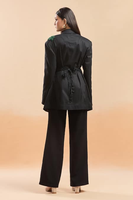 Shop AK-OK Black Embroidery Embellished Blazer With Belt at Aza Fashions Shop_AK-OK_Black Embroidery Embellished Blazer With Belt _at_Aza_Fashions