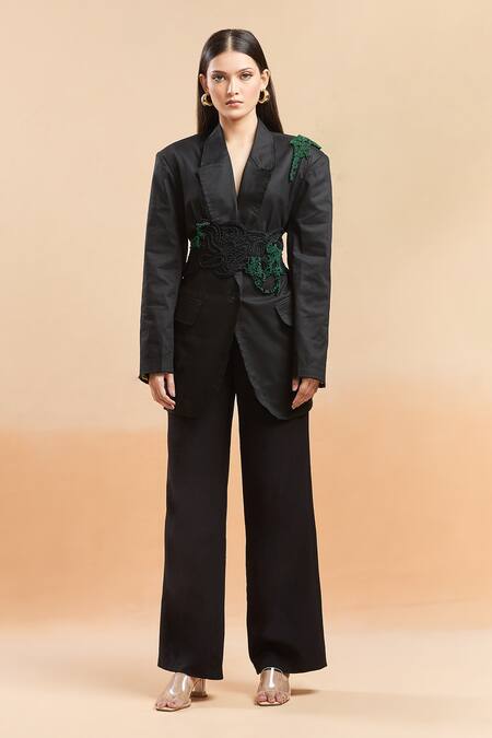 AK-OK Black Embroidery Embellished Blazer With Belt Online at Aza Fashions AK-OK_Black Embroidery Embellished Blazer With Belt _Online_at_Aza_Fashions