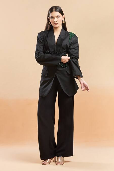 Shop AK-OK Black Embroidery Embellished Blazer With Belt Online at Aza Fashions Shop_AK-OK_Black Embroidery Embellished Blazer With Belt _Online_at_Aza_Fashions
