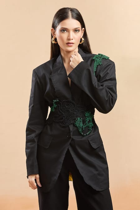 AK-OK Black Embroidery Embellished Blazer With Belt at Aza Fashions AK-OK_Black Embroidery Embellished Blazer With Belt _at_Aza_Fashions