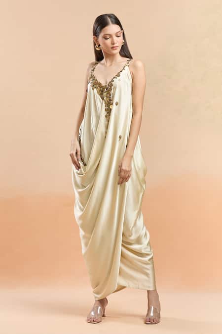 Buy AK-OK Beige Beads V-neck Draped Coin Embellished Maxi Dress Online at Aza Fashions Buy_AK-OK_Beige Beads V-neck Draped Coin Embellished Maxi Dress _Online_at_Aza_Fashions