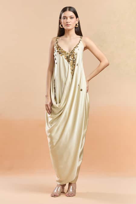 Shop AK-OK Beige Beads V-neck Draped Coin Embellished Maxi Dress Online at Aza Fashions Shop_AK-OK_Beige Beads V-neck Draped Coin Embellished Maxi Dress _Online_at_Aza_Fashions