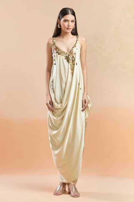 AK-OK Beige Beads V-neck Draped Coin Embellished Maxi Dress at Aza Fashions AK-OK_Beige Beads V-neck Draped Coin Embellished Maxi Dress _at_Aza_Fashions