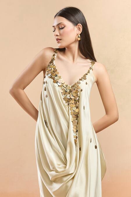Buy AK-OK Beige Beads V-neck Draped Coin Embellished Maxi Dress Buy_AK-OK_Beige Beads V-neck Draped Coin Embellished Maxi Dress
