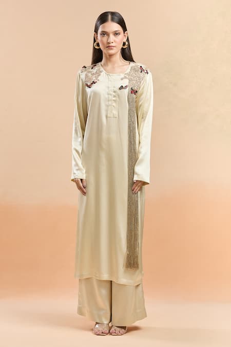 AK-OK_Cream Silk Tassels, Embroidery Round Neck Floral Kurta And Palazzo Set _Online_at_Aza_Fashions