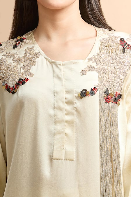 Buy_AK-OK_Cream Silk Tassels, Embroidery Round Neck Floral Kurta And Palazzo Set _Online_at_Aza_Fashions