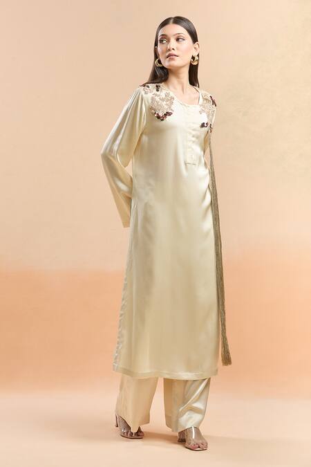 AK-OK_Cream Silk Tassels, Embroidery Round Neck Floral Kurta And Palazzo Set _at_Aza_Fashions