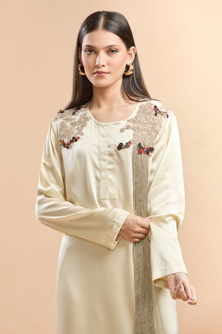 Buy_AK-OK_Cream Silk Tassels, Embroidery Round Neck Floral Kurta And Palazzo Set 