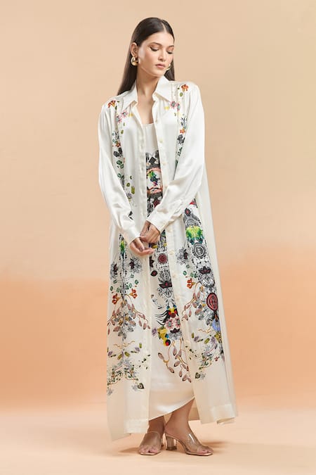 AK-OK Ivory Printed Abstract Florals Jacket Collar Long With Dress 