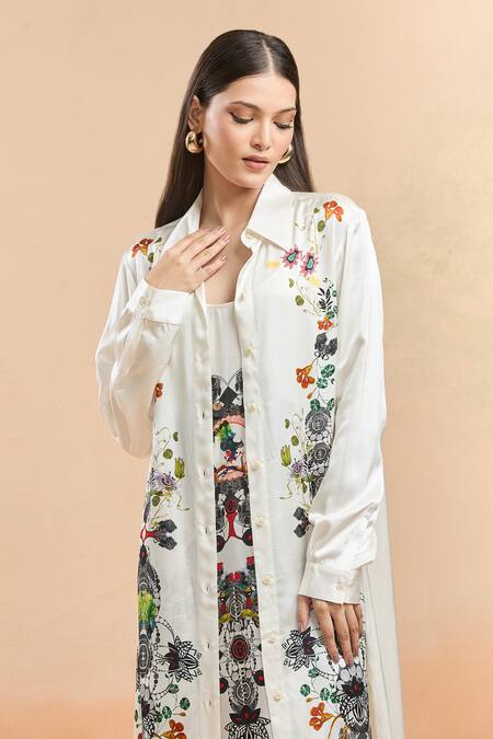 AK-OK Ivory Scoop Neck, Collared Longline Printed Jacket And Sleeveless Dress at Aza Fashions AK-OK_Ivory Scoop Neck, Collared Longline Printed Jacket And Sleeveless Dress _at_Aza_Fashions