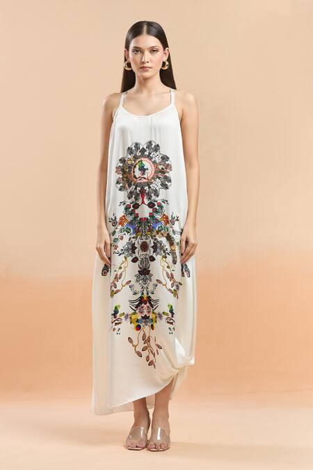 Buy AK-OK Ivory Scoop Neck, Collared Longline Printed Jacket And Sleeveless Dress Buy_AK-OK_Ivory Scoop Neck, Collared Longline Printed Jacket And Sleeveless Dress