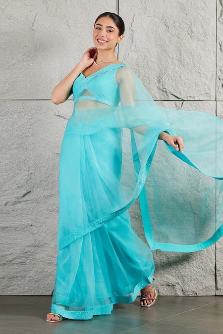 Kiran Kalsi_Blue Organza, Crepe Rhinestones Embellished Saree Set _Online_at_Aza_Fashions