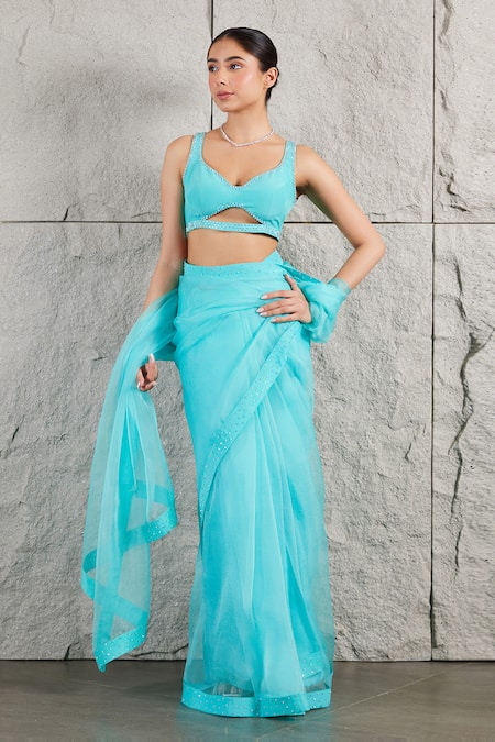 Buy_Kiran Kalsi_Blue Organza, Crepe Rhinestones Embellished Saree Set _Online_at_Aza_Fashions