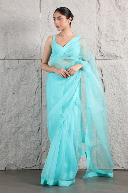 KIRAN KALSI Blue Saree Organza Embellished Rhinestone Leaf With Blouse 