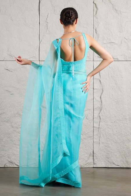 Kiran Kalsi Rhinestone Embellished Blue Saree Set 