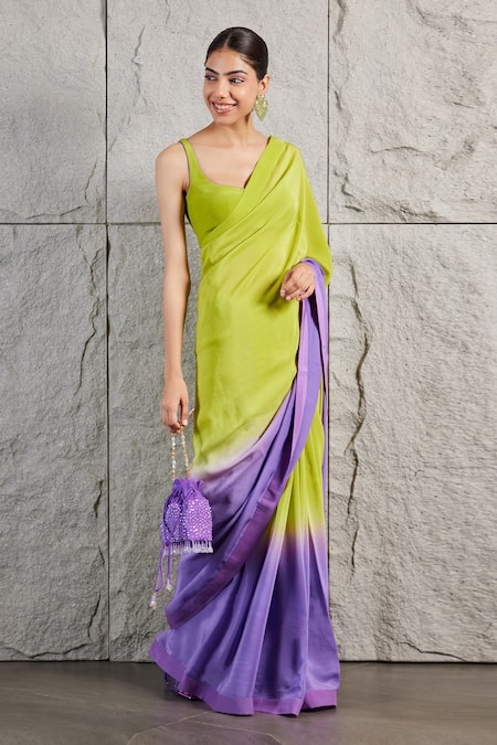 Kiran Kalsi_Green Crepe Sweetheart Neck Ombre Saree Set _Online_at_Aza_Fashions