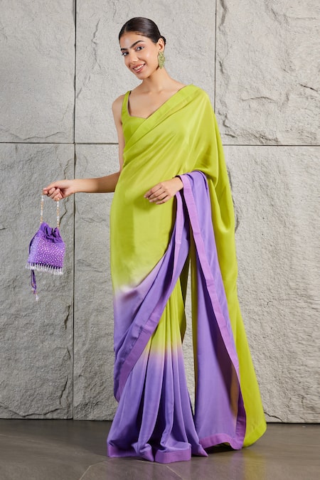 Buy_Kiran Kalsi_Green Crepe Sweetheart Neck Ombre Saree Set _Online_at_Aza_Fashions