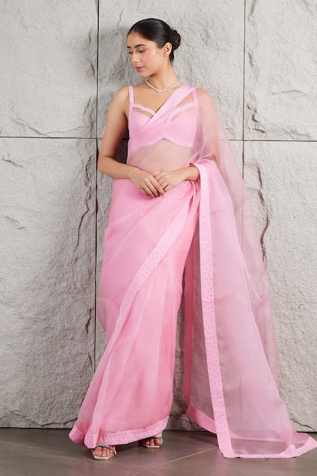 KIRAN KALSI Pink Saree Organza Embellished Rhinestone Sweetheart With Blouse 