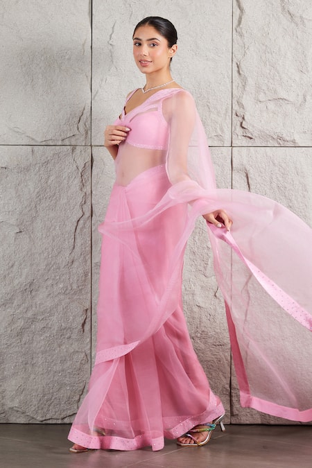 Kiran Kalsi_Pink Crepe, Organza Rhinestones Sweetheart Neck Embellished Saree Set _Online_at_Aza_Fashions