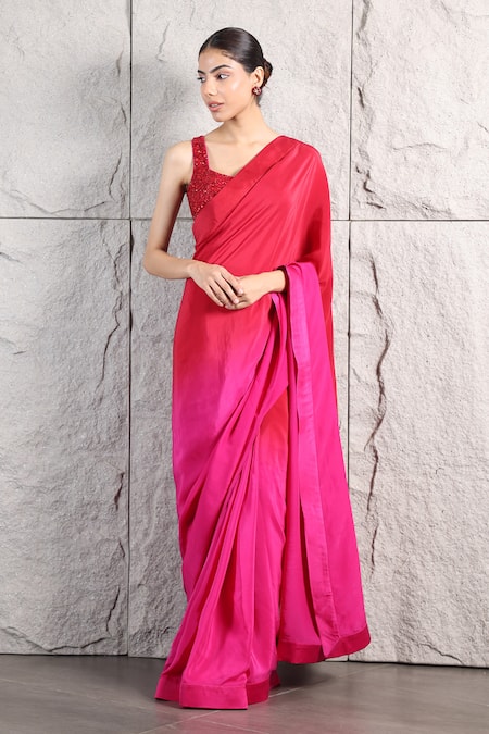 KIRAN KALSI Red Crepe Embroidered Crystal Sweetheart Ombre Shaded Saree With Blouse 