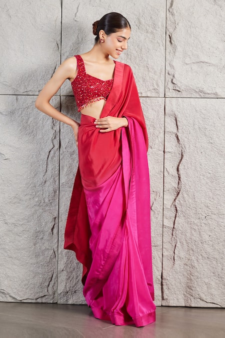 Kiran Kalsi_Red Crepe Crystals Sweetheart Neck Ombre Shaded Saree And Embroidered Blouse _Online_at_Aza_Fashions