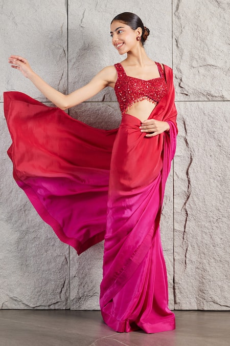 Buy_Kiran Kalsi_Red Crepe Crystals Sweetheart Neck Ombre Shaded Saree And Embroidered Blouse _Online_at_Aza_Fashions