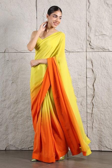 Kiran Kalsi_Multi Color Crepe Crystals Sweetheart Ombre Shaded Saree And Embroidered Blouse _Online_at_Aza_Fashions