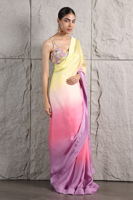 Kiran Kalsi_Multi Color Crepe, Organza Embroidery Ombre Shaded Saree And Floral Blouse _Online_at_Aza_Fashions