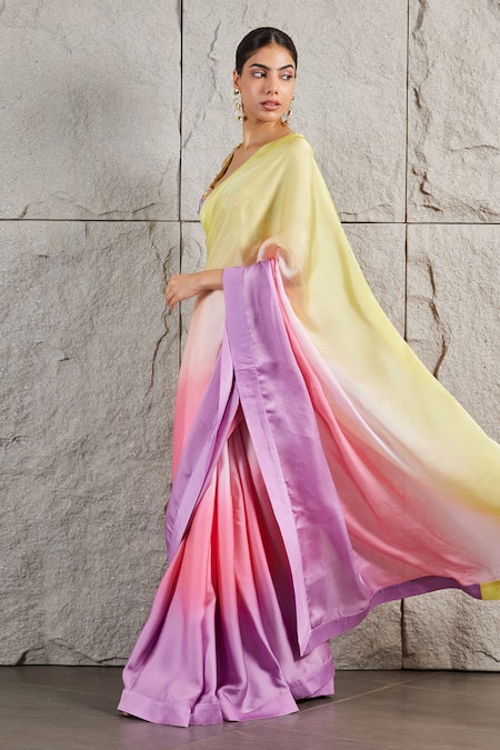 Buy_Kiran Kalsi_Multi Color Crepe, Organza Embroidery Ombre Shaded Saree And Floral Blouse _Online_at_Aza_Fashions