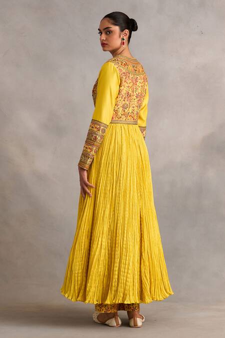 Petticoat Lane By Divya_Yellow Chanderi Pearls, Sequins Round Floral Print High-low Anarkali And Pant Set _Online_at_Aza_Fashions