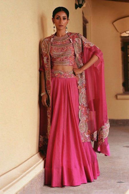 Petticoat Lane by Divya Jamevar Embroidered Cut-Out Border Cape Lehenga Set 