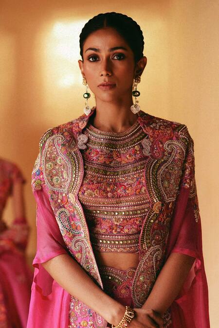 Petticoat Lane By Divya Fuchsia Organza, Chanderi Pearls, Sequins, Mirrors Embroidered Cape Lehenga Set Online at Aza Fashions Petticoat Lane By Divya_Fuchsia Organza, Chanderi Pearls, Sequins, Mirrors Embroidered Cape Lehenga Set _Online_at_Aza_Fashions