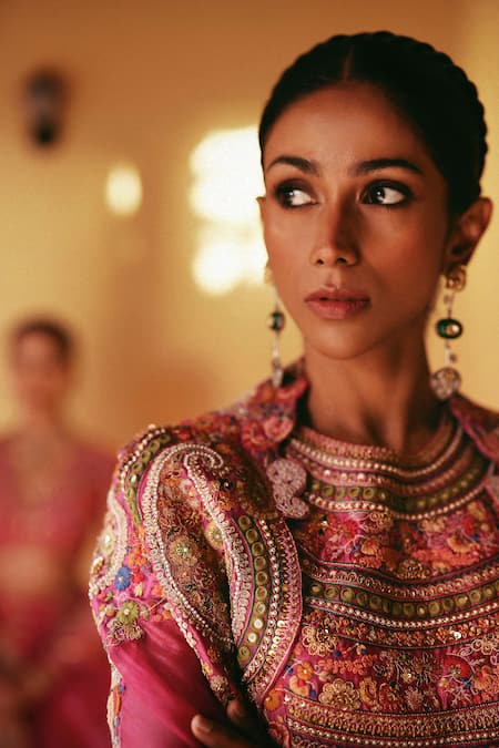 Buy Petticoat Lane By Divya Fuchsia Organza, Chanderi Pearls, Sequins, Mirrors Embroidered Cape Lehenga Set Online at Aza Fashions Buy_Petticoat Lane By Divya_Fuchsia Organza, Chanderi Pearls, Sequins, Mirrors Embroidered Cape Lehenga Set _Online_at_Aza_Fashions