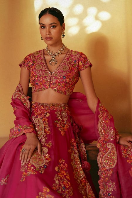Petticoat Lane By Divya Fuchsia Organza Pearls, Sequins, Embroidery V-neck Lehenga Set Online at Aza Fashions Petticoat Lane By Divya_Fuchsia Organza Pearls, Sequins, Embroidery V-neck Lehenga Set _Online_at_Aza_Fashions