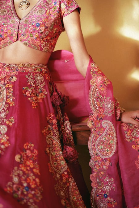Shop Petticoat Lane By Divya Fuchsia Organza Pearls, Sequins, Embroidery V-neck Lehenga Set Online at Aza Fashions Shop_Petticoat Lane By Divya_Fuchsia Organza Pearls, Sequins, Embroidery V-neck Lehenga Set _Online_at_Aza_Fashions
