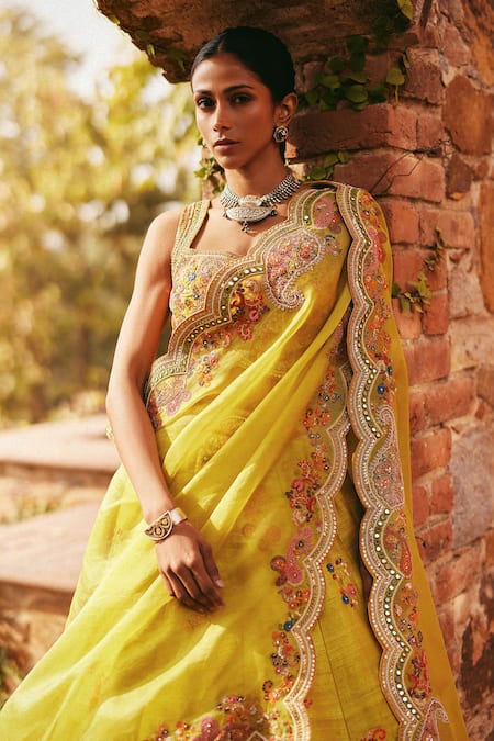 Shop_Petticoat Lane By Divya_Yellow Organza Pearls, Sequins Square Neck Thread Embroidered Lehenga Set _at_Aza_Fashions