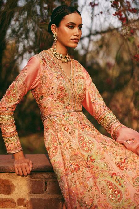 Petticoat Lane By Divya Pink Chanderi Sequins, Embroidery, Pearls V-neck Kalidar Set With Dupatta Online at Aza Fashions Petticoat Lane By Divya_Pink Chanderi Sequins, Embroidery, Pearls V-neck Kalidar Set With Dupatta _Online_at_Aza_Fashions