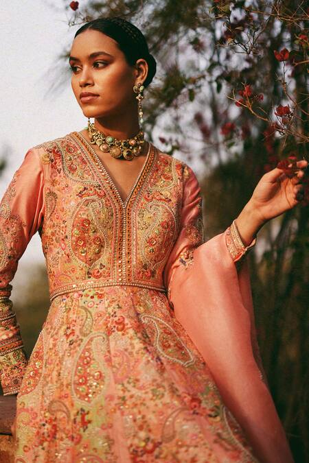 Buy_Petticoat Lane By Divya_Pink Chanderi Sequins, Embroidery, Pearls V-neck Kalidar Set With Dupatta _Online_at_Aza_Fashions