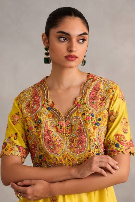 Petticoat Lane By Divya_Yellow Organza, Chanderi Pearls, Sequins Scoop Floral Paisley Peplum Kurta Set _at_Aza_Fashions